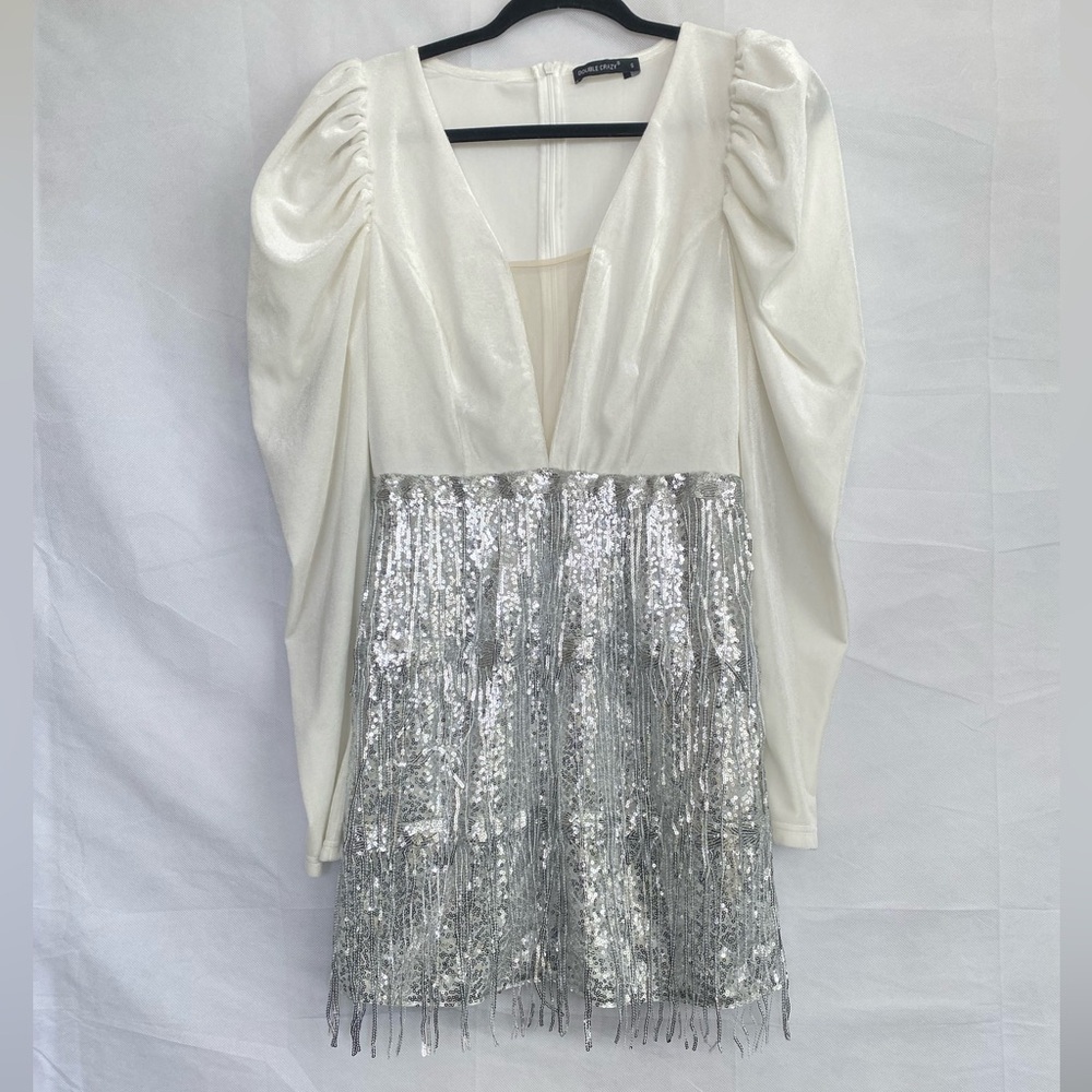 Double Crazy Size Small Elegant White and Silver Mini Dress excellent condition